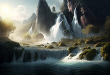 AI Generated Illustration Mountains And Waterfalls
