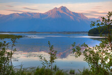 Sunrise On Pioneer Peak With Jim Lake In The Foreground, Southcentral Alaska, Hdr Image