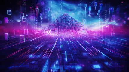 Blue and Magenta Textured Background Symbolizing AGI with Data, Cognitive Development, and Digital Euphoria