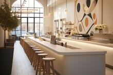 Modern Coffee Shop With A White Counter An H Design, Stencil Art Wall.