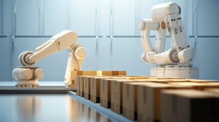 Aufkleber - Production line with robotic arms are packing boxes at warehouse, 3d rendering.