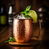 A classic Moscow Mule, served in a frosty copper mug, filled with a refreshing blend of ginger beer, vodka, and zesty lime, offering a chilled and crisp moment of relaxation.