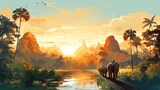 Fototapeta Zwierzęta - People on elephants travel around in Thailand. With nature in the forest of the Eastern way of life, vector illustration