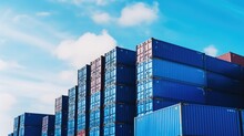 Stack Of Blue Container Boxes At Cargo Station Freight Shipping For Import And Export Logistics, Business And Transportation Concept.