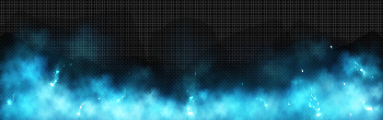 Wall Mural - realistic thunder light and blue smoke cloud bottom frame. mysterious lightning glow border wide pan