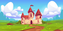 Abandoned Medieval Fairytale Princess Castle Landscape Vector Background. Magic Kingdom Palace Game Meadow Scene With Green Grass, Road And Blue Sky. Fantasy Middle Age Dirty Mansion With Vine