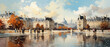 Paris, France. Panoramic view of the famous Tuileries Garden. Digital oil color painting.
