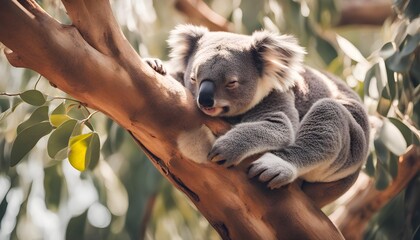 Wall Mural - Sleeping koala on eucalyptus tree, sunlight. Koala Bear in zoo. Koala relaxing in a tree.