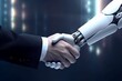 Robot and businessman hands in handshake. AI technology development and human robot relationships, Generative AI