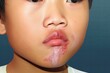Angioedema at lips of Asian male child. Edematous child. Caused by drug, seafood or chemical allergy and insect bite. Lateral view, Generative AI