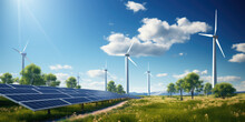 Green Energy Concept Banner Design With Wind Turbines And Solar Panels Landscape. Renewable Sources Of Solar And Wind Energy.