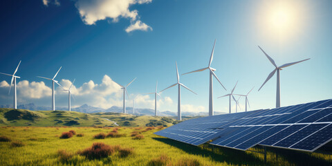 green energy concept banner design with wind turbines and solar panels landscape. renewable sources 