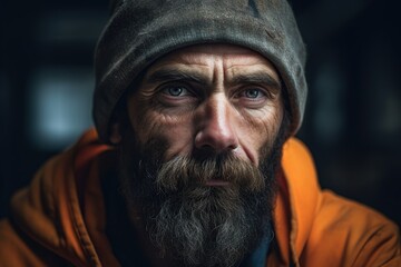 Close-up portrait of A bearded man 70 year old looks at the camera