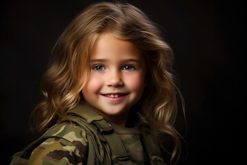 Wall Mural - Portrait of a little girl in a military uniform. Studio shot.