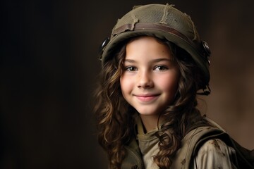 Wall Mural - Portrait of a little girl in a military uniform. Studio shot.