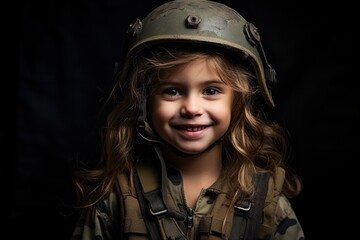 Wall Mural - Portrait of a beautiful little girl in a military uniform on a dark background