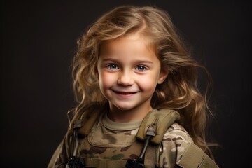 Portrait of a beautiful little girl in a military uniform on a dark background