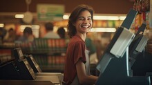 Beautiful Smiling Cashier Working At Grocery Store,cashier