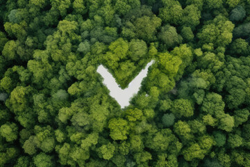 Wall Mural - Straightforward image featuring white arrow placed in middle of forest. This image can be used to indicate direction or guide viewers in various contexts.