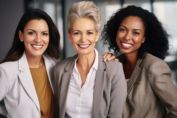 Group of three women standing next to each other. Suitable for illustrating friendship, teamwork, diversity, or unity.