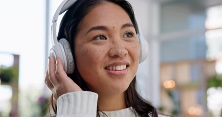 Sticker - Face of woman, dancing and headphones in home for listening to audio, radio entertainment and hearing podcast. Happy asian person relax for streaming sound, groovy music and multimedia subscription