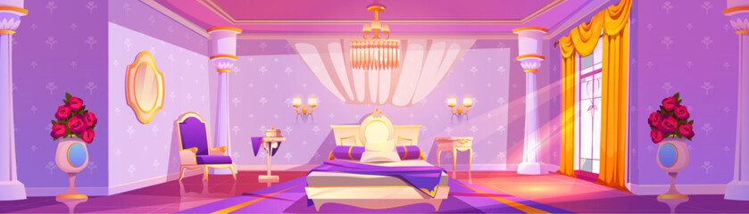 Princess bedroom interior - royal castle girly room for sleeping and relaxing with big bed, mirror on wall and window with curtains. Cartoon fairytale palace inside with luxury antique furniture.