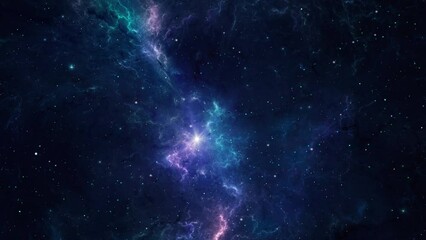 Wall Mural - space background. fly through colorful blue and violet nebula with star field and orange sun. digita