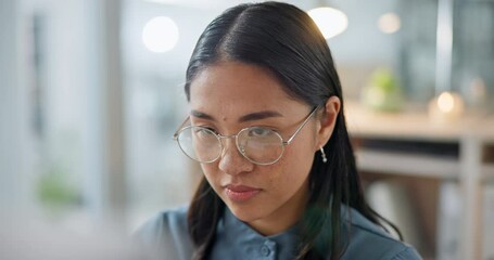 Face, computer and idea with a business asian woman in her office for problem solving during project management. Glasses, thinking and research with a young employee at work on a workplace desktop