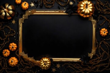 Halloween pumpkin decor top border. Orange, black and white patterns against a black wood banner background. Copy space.