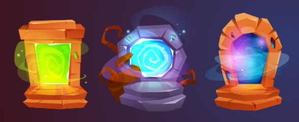 Wall Mural - magic portals with neon light inside. vector cartoon illustration of ancient stone arches on platfor