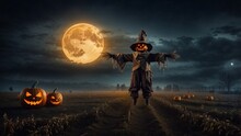 A Hallowen Pumpkin Scarecrow In The Field At Night