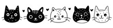 A Set Of Cute Vector Illustrations. Cute Faces Of Kittens In Black And White Colors In Linear Style. Simple Children's Illustrations. Vector Illustration