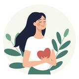 Fototapeta Pokój dzieciecy - Vector flat illustration. Peaceful girl holding a core in her hands, happy girl loves herself. Concept of psychology, mental health and self love. Vector illustration