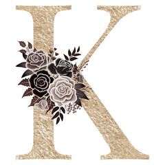 Sticker - Floral alphabet, gold letter K with watercolor flowers and leaf