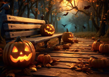 Bench In Park With Scary Pumpkins On Spooky Halloween Night.Macro.AI Generative