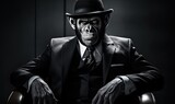 Photo of a man wearing a suit and tie with a monkey mask on his face
