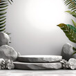 Gray podium mockup for product display with leaves and stones