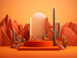 Abstract podium display in middle on hot desert with cactus and orange landscape background