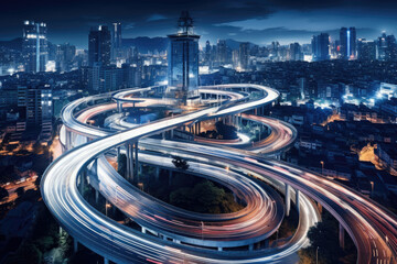 Wall Mural - Aerial view of Road Traffic jam on multiple lane highway with speed light trail from car background, Expressway road junction in metropolis city center at night scene.