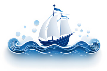 Wall Mural - papercut style of boat on sea,rain,waterdrop,vector graphic,blue and white color.