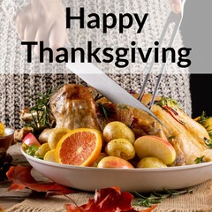 Wall Mural - Happy thanksgiving text over caucasian woman carving roast turkey on table