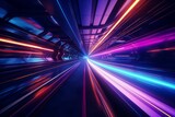Fototapeta Fototapeta Londyn - Fast underground subway train racing through the tunnels. Neon pink and blue light