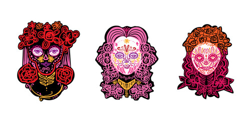 Day of the Dead woman with sugar skull face. Collection icons