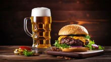 Glass Of Fresh Beer With Beef Burger On The Wooden Table