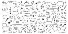 Cute Doodle Pen Line Elements. Heart, Bubble, Doodle, Arrow, Star, Icon, Shiny Ornaments Set. Simple Drawing In Line Style Sketch, Attention, Lettering, Text, Pattern Elements. Vector Illustration.