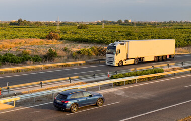 Wall Mural - Semi truck with Semi-trailer driving along highway. Goods Delivery by roads. Services and Transport logistics. Highway with transport, car and truck, road landscape. Road traffic on motorway.