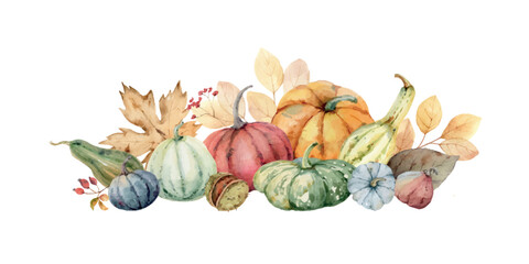 Wall Mural - watercolor vector autumn arrangement with colorful pumpkins and foliage. perfect for a thanksgiving 