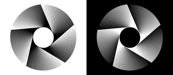 Poster - Abstract background with lines in spiral. Art design circle concept with 5 segments. Black lines on a white background and white lines on the black side.
