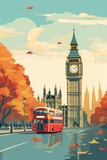 Fototapeta Big Ben - London retro city poster with Big Ben and red bus