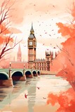 Fototapeta Londyn - London retro city poster with Big Ben and red bus